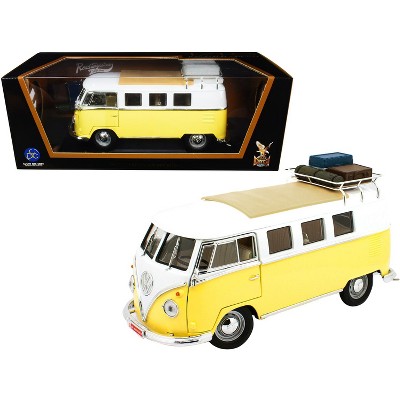 1962 Volkswagen Microbus with Roof Rack and Luggage Yellow and White 1/18 Diecast Model by Road Signature