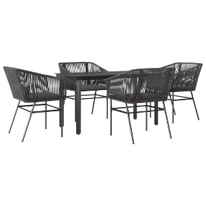 vidaXL 5 Piece Black PE Rattan Patio Dining Set - Outdoor Table with Tempered Glass Top & Cushioned Chairs for Garden, Backyard, and Patio - 1 of 4
