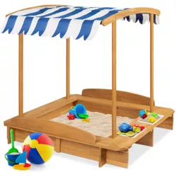 Best Choice Products Kids Wooden Cabana Sandbox w/ Bench Seats, UV-Resistant Canopy, Sandpit Cover, 2 Buckets - Natural