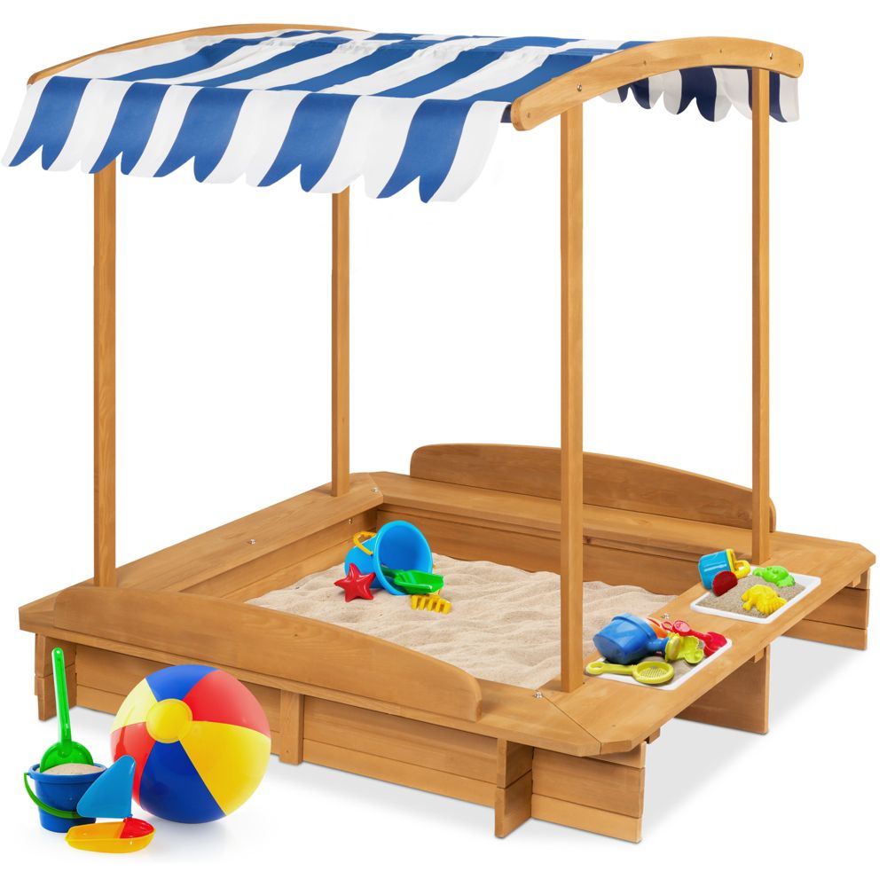 Best Choice Products Kids Wooden Cabana Sandbox with Benches, Canopy Shade, Sand Cover, 2 Buckets
