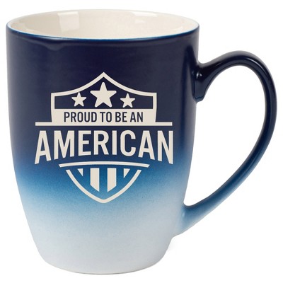 100 North United States 10 Ounce Navy Blue and White Two Toned Ombre, Comfortably Fits Your Hands, Ceramic Tea Coffee Cup Mug, Proud To Be An American