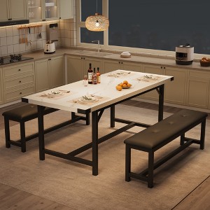 Extendable Dining Table Set for 4-6, Kitchen Table with 2 Upholstered Benches & Metal Corner Protect, Space Saving Dinette Set for Home, Kitchen - 1 of 4