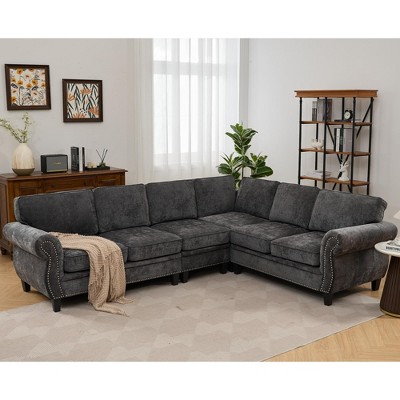 109.5'' Chenille Modular L-Shaped 6-Seater Sectional Sofa with Rivets Decorated Rolled Armrest and 7 Back Cushions