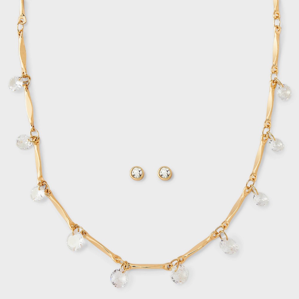 Delicate Crystal Drop Necklace And Stud Earring 2pc Set - A New Day™ Gold