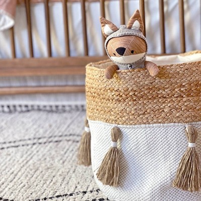 Round Cotton and Jute Boho Storage Bin with Tassels