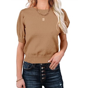 Coolmee Women's Puff Short Sleeve Sweater Tops Fashion Business Casual Knit Crew Neck T Shirts Outfits Work Blouses Clothes - 1 of 3