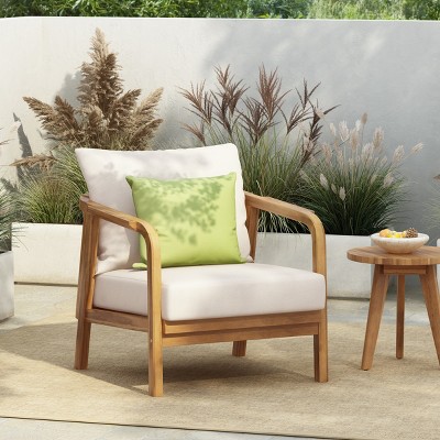 Solid Wood Outdoor Patio Lounge Chair,Curved Armrest Garden Lounge Chair,Comfy Woven Backrest Poolside Chair with Cushions-Coolbibila