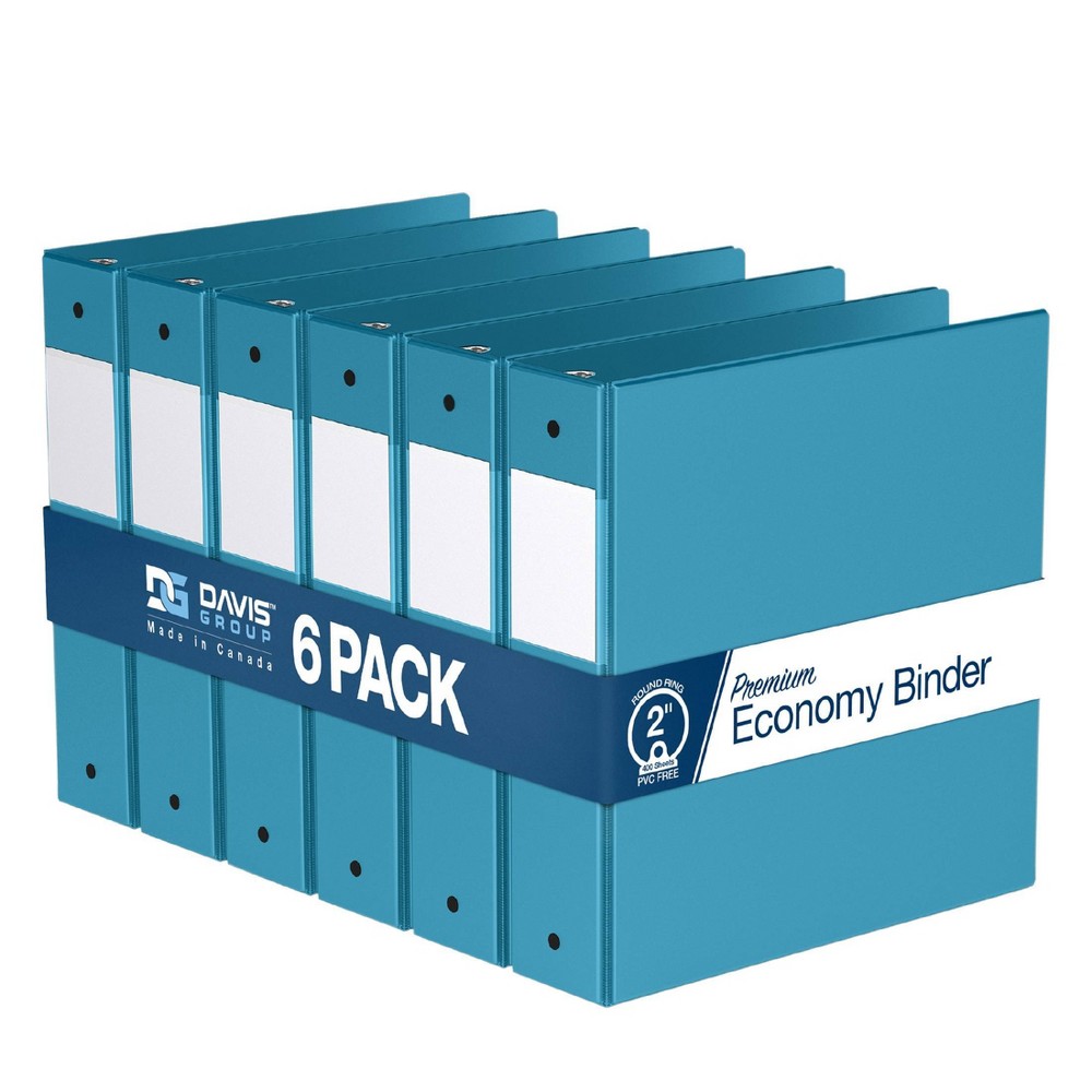 Davis Group 6pk 2" Premium Economy Round Ring Binders Turquoise Blue: Hard Cover, 400 Sheet Capacity, 2 Pockets, Polypropylene