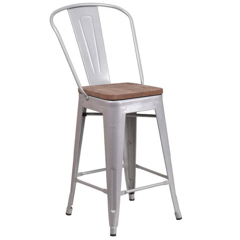 Merrick Lane Metal Dining Stool with Curved Slatted Back and Textured Wood Seat, 1 of 20
