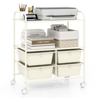 Tangkula 4-Drawer Rolling Storage Cart with 2 Shelves Mobile Utility Cart with Removable Drawers and Metal Frame with Lockable Wheels White