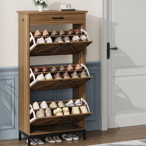 TIME HOLLOW 3-Flip Drawer Shoe Cabinet, Narrow Rustic Organizer with Adjustable Shelves, Farmhouse Storage Rack for Entryway,Living Room,Brown - 1 of 4