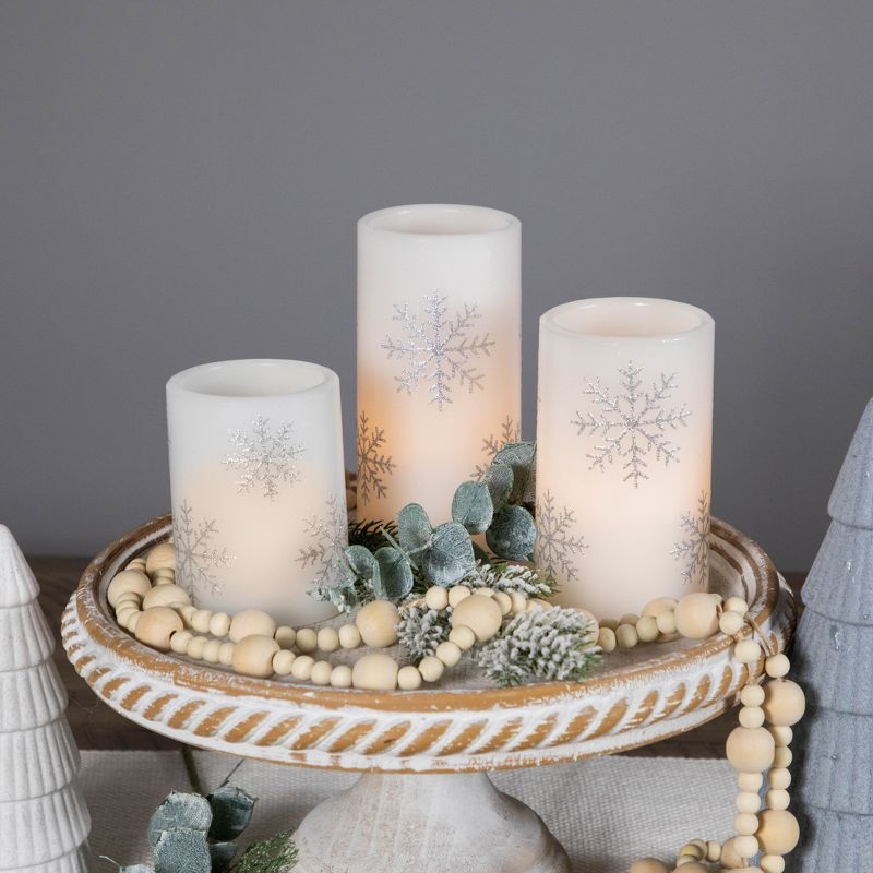 Northlight Set of 3 Flameless Silver Snowflakes Flickering LED Christmas Wax Pillar Candles 6", 3 of 8