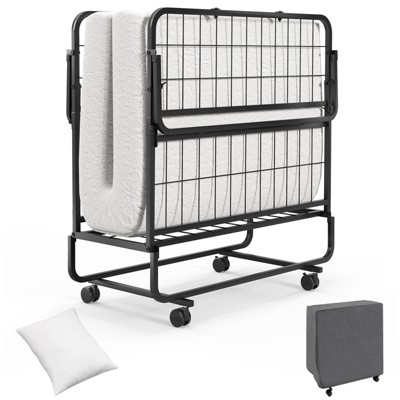 Tangkula Folding Bed with Mattress 75" x 39" Twin Size Rollaway Adult Bed with Memory Foam Mattress &Pillow
