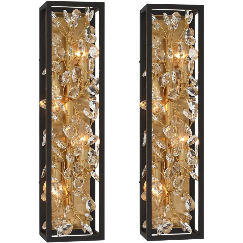 Possini Euro Design Modern Wall Lights Set of 2 Black Gold Plated Hardwired 6" 4-Light Fixture Clear Crystal Flower Vine for Bedroom Bathroom Vanity, 1 of 9