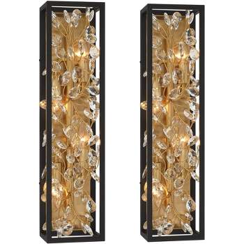 Possini Euro Design Modern Wall Lights Set of 2 Black Gold Plated Hardwired 6" 4-Light Fixture Clear Crystal Flower Vine for Bedroom Bathroom Vanity