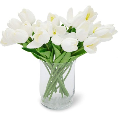 Juvale 20-Pack White PU Fabric Artificial Flowers Heads Tulips with Stem for Weddings, Crafts