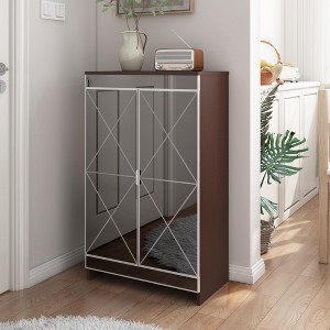 KWPZQEB Elegant Shoe Cabinet with Mirror, Wooden Shoe Rack With 2 Doors & Adjustable Shelf, Freestanding Shoe Cabinet for Hallway, Entryway, Brown - 1 of 4