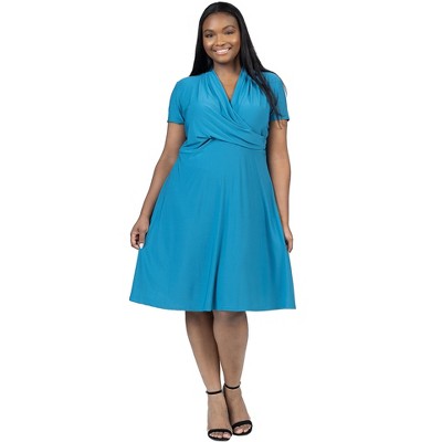 24seven Comfort Apparel Plus Size Short Sleeve Knee Length V Neck Rouched Wrap  Dress-teal-2x : Target