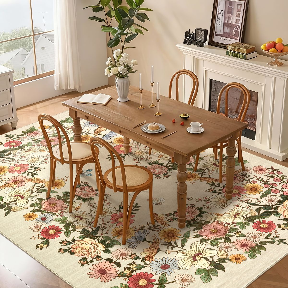 Washable Floral Area Rug, Modern Indoor Rug with Non-Slip TPR Backing, Foldable Flatwoven Pearl Velvet Rug for Living Room (Multiple Colors & Sizes) - thumbnail 5