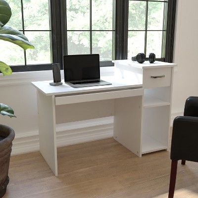 White Wood Computer Desk with Drawer and Keyboard Tray