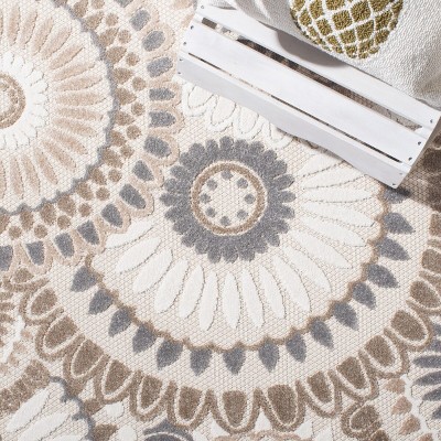 Grey and Ivory Floral Synthetic Square Indoor/Outdoor Rug