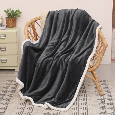 Catalonia Dark Gray Sherpa Fleece Reversible Throw Blanket 50x60 inches