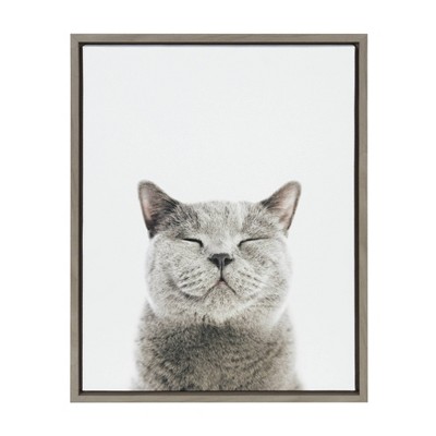 18" x 24" Sylvie Smiling Cat Framed Canvas Wall Art by Amy Peterson Gray - Kate and Laurel