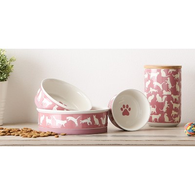 Small Rose Ceramic Cat Bowls with Non-Skid Base, Set of 2