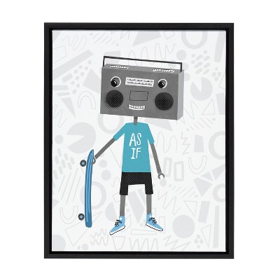 Boom Box Boy Robot Canvas Print for Kids Nursery, 18x24, Black Frame