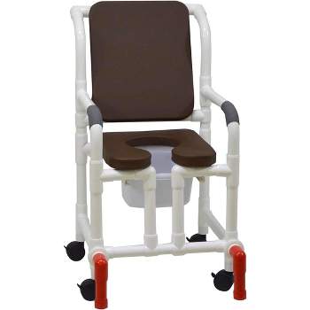 MJM International Corporation Shower chair 18 in width 3 in BROWN seat BROWN cushion padded back true vertical open 10 qt slide mode pail 300 lb wt