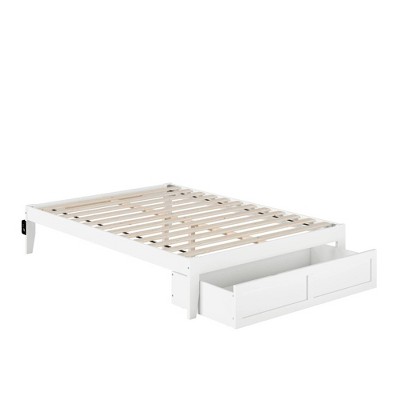 White Full Wood Platform Bed with Storage Drawer and USB Charger