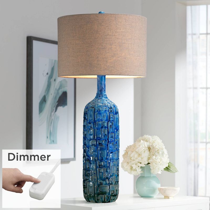 Possini Euro Design Mid Century Modern Table Lamp with Table Top Dimmer 36" Tall Teal Glaze Ceramic Tan Linen Drum for Living Room (Colors May Vary), 2 of 10