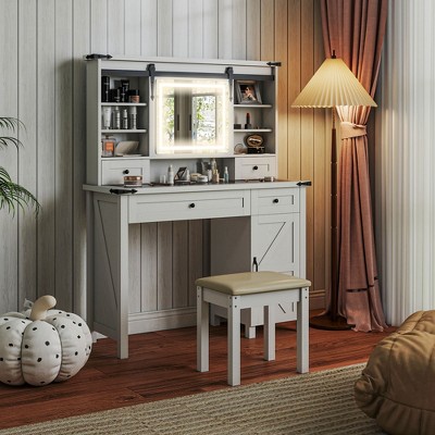 HOMCOM 42" Glass Top Vanity Desk Set with Mirror and Lights, Stool, Dressing Table with Storage Drawer, Cabinet, Shelves