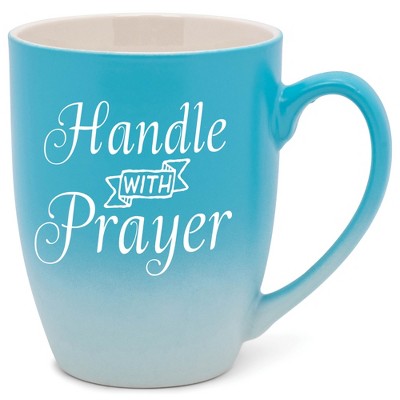 Elanze Designs Handle With Prayer Two Toned Ombre Matte Pale Blue and White 12 ounce Ceramic Stoneware Coffee Cup Mug