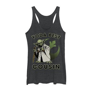 Women's Star Wars Yoda Best Cousin Racerback Tank Top - 1 of 3