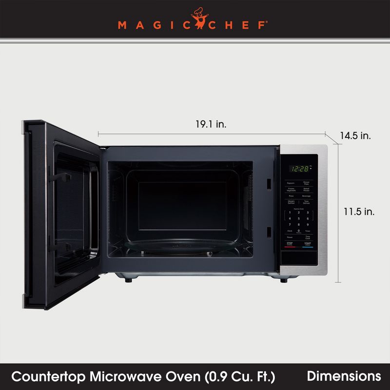 Magic Chef MC99MST Countertop Microwave Oven, Small Microwave for Compact Spaces, Kitchen Microwave, 900 Watts, 0.9 Cubic Feet, Stainless Steel, 2 of 7