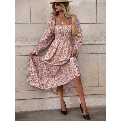 Womens Square Neck Puff Sleeve Dress Smocked Floral Elegant Flowy Midi Dress