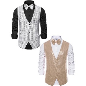 Lars Amadeus Men's Party Prom Shiny Sequins Dress Suit Vest with Bow Tie 2 Packs - 1 of 4