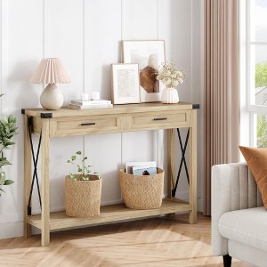 Coolmee Farmhouse Entryway Table with 2 Drawers, Rattan Console Table for Entryway, Wooden Sofa Table for Living Room, Foyer, Hallway - 1 of 4