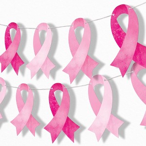 Big Dot of Happiness Pink Ribbon Garland Banner, Breast Cancer Awareness Support Decor, 30 Feet of Cord, 15 Double-Sided Pink Ribbon Pieces - 1 of 4