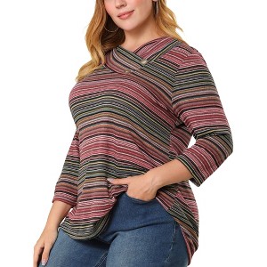 Agnes Orinda Women's Plus Size Comfy Knit 3/4 Sleeve V Neck Stripe Boho Casual Blouse - 1 of 4