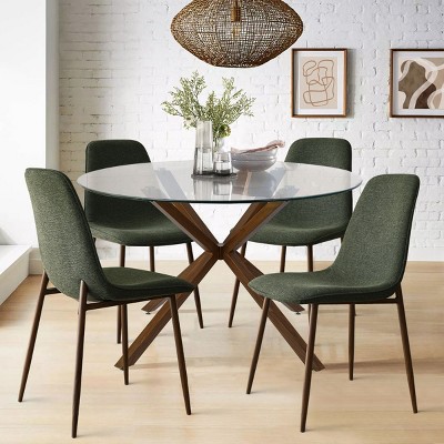 Olive+Oslo 5-Piece Dining Table Set for 4, Round Glass Dining Table with 4 Upholstered Dining Chairs Walnut Legs-Maison Boucle