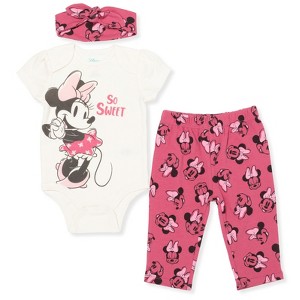 Disney Minnie Mouse Mickey Mouse Marie Baby Girls Bodysuit Pants and Headband 3 Piece Outfit Set Newborn to Infant - 1 of 4