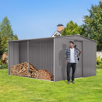 Metal Garden Storage Shed,Apex Roof Outdoor Storage Shed with Wood Storage,Outdoor Tools and Firewood Shed with Vents for Winter-Coolbibila