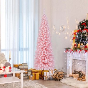 Costway 5/6/7/8 FT Artificial Pink Christmas Tree with 328/460/635/1000 Branch Tips Folding Metal Stand - 1 of 4