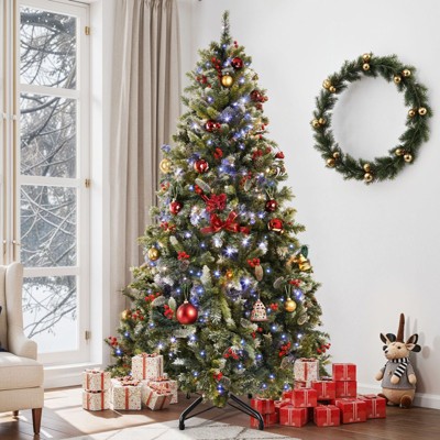 6ft/7.5ft/9ft Christmas Tree with Remote Control with Partially Frosted Tips, Pine Cones & Red Berries,LED Lights with 11 Modes for Home