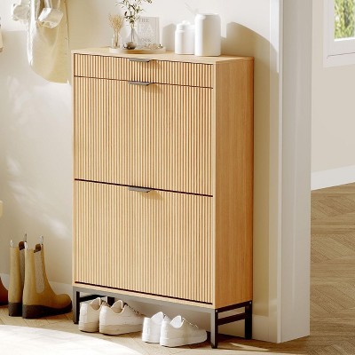 2 Flip Drawers with Drawer, Narrow Shoe Storage Organizer, Freestanding Hidden Shoe Rack Cabinet