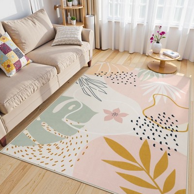 Lahome Machine Washable Area Rugs Non-Slip Large Living Room Rug Boho Botanical Print Ultra-Thin Indoor Rug for Classroom Nursery Dining Room