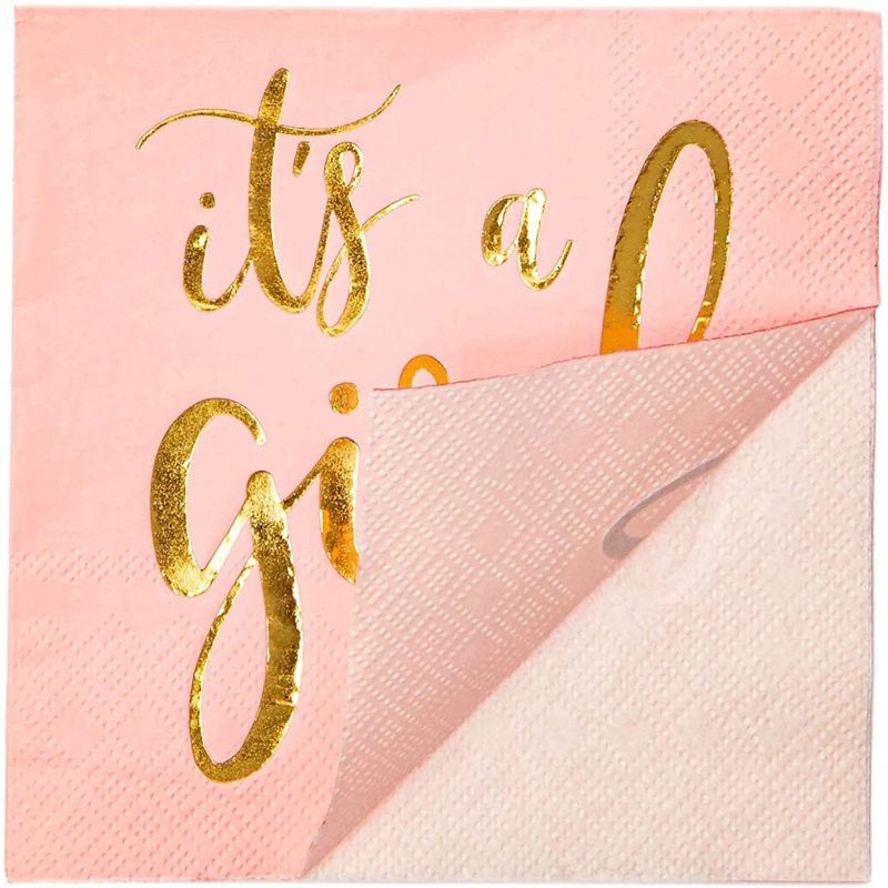 Sparkle and Bash 50 Pack It's a Girl Napkins for Baby Shower, Gold Foil Party Supplies, 3 Ply, 5x5 Inches, 4 of 7