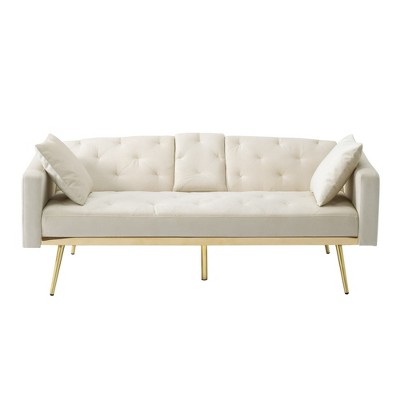 67.7"Futon Convertible Sleeper Sofa,Tufted Back,Square Arms and Golden Tapered Metal Legs,Velvet Twin Futon Sofa,Beige
